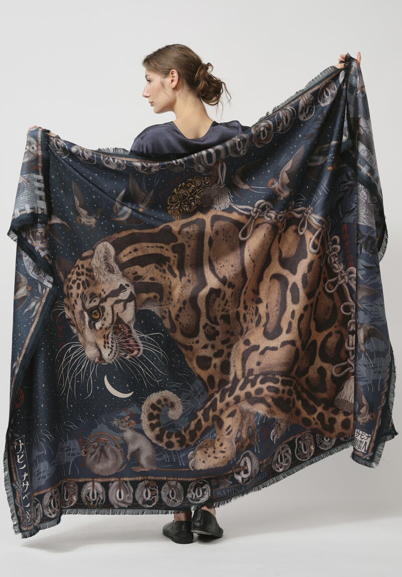 Sabina Savage Silk Twill The Lunar Leopard Scarf in Winter Flint	