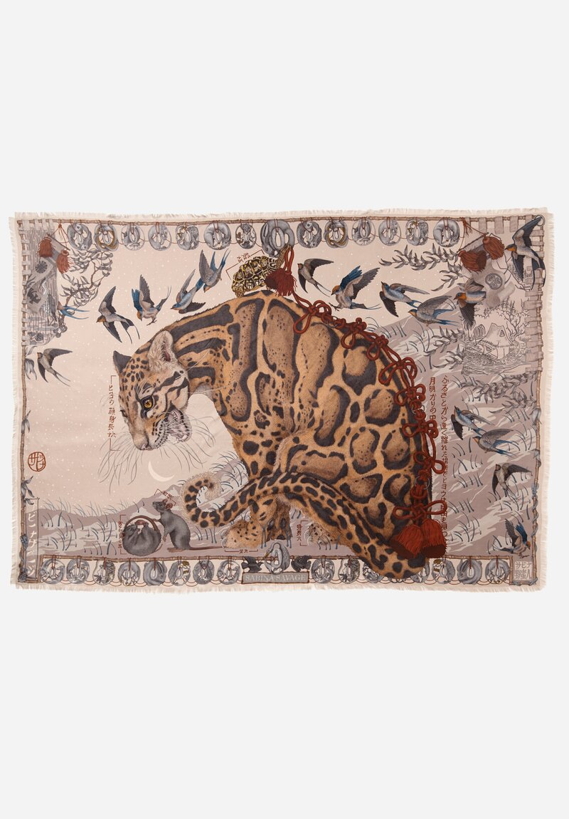 Sabina Savage Silk Twill The Lunar Leopard Scarf in Champagne Soot	