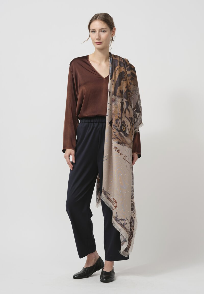 Sabina Savage Silk Twill The Lunar Leopard Scarf in Champagne Soot	