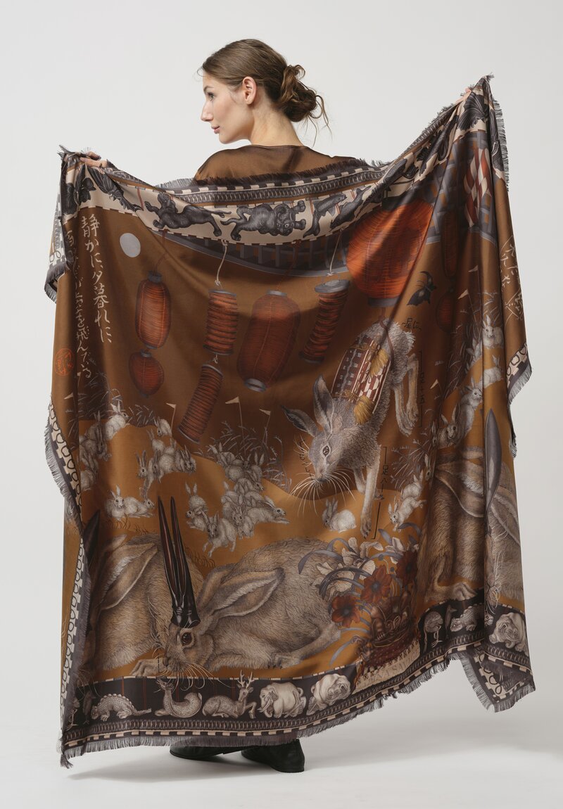 Sabina Savage Silk Twill The Floating Rabbits Scarf in Cinnamon Sienna	