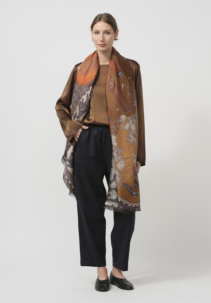 Sabina Savage Silk Twill The Floating Rabbits Scarf in Cinnamon Sienna	