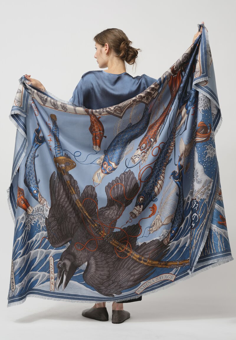 Sabina Savage Silk Twill Koinobori Karasu Scarf in River Rain	