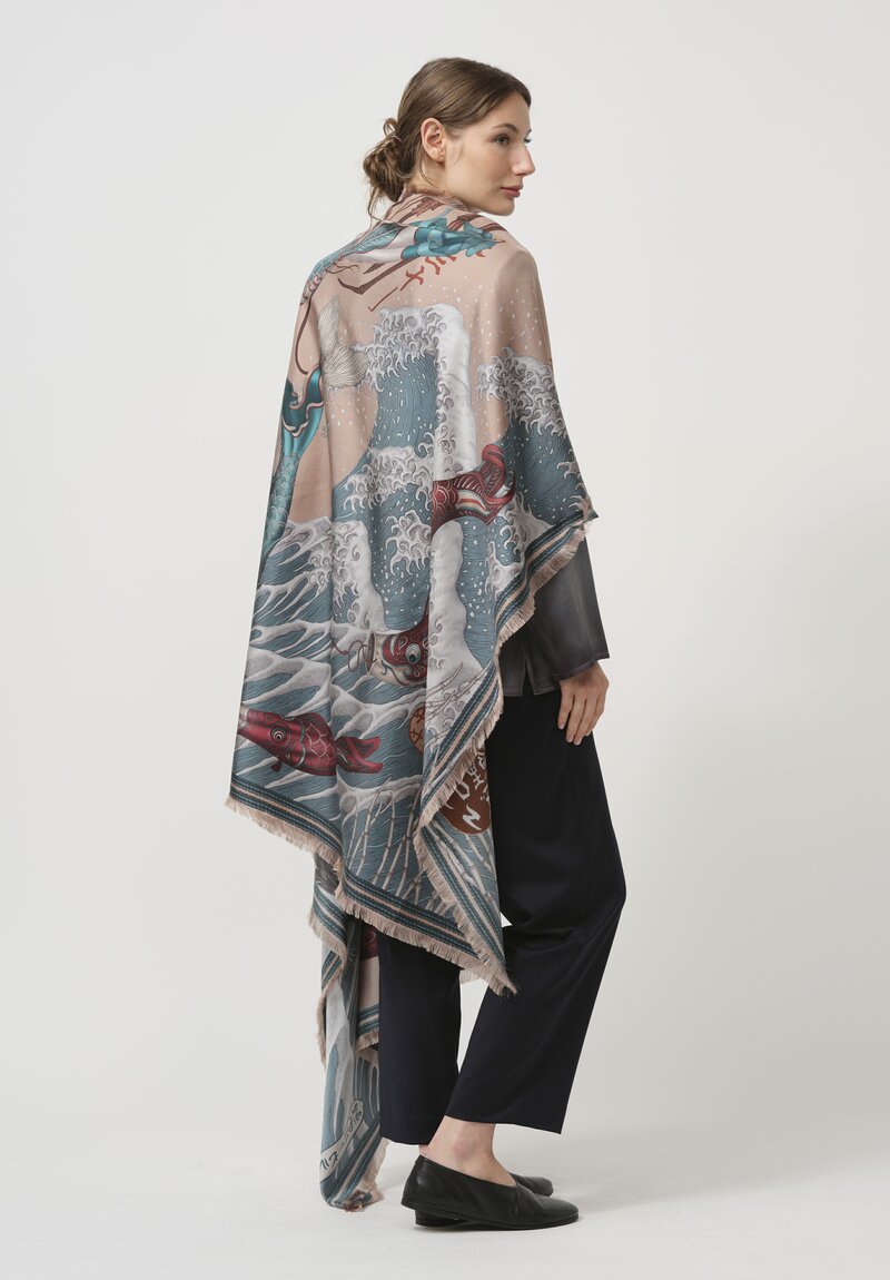 Sabina Savage Silk Twill Koinobori Karasu Scarf in Slipper Sea	