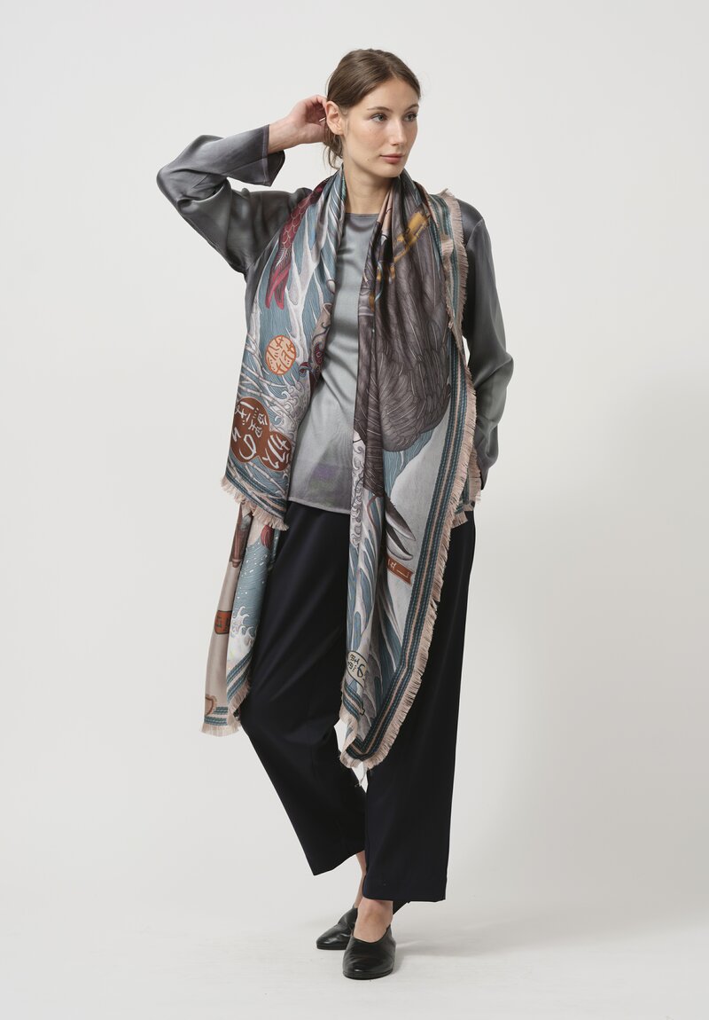 Sabina Savage Silk Twill Koinobori Karasu Scarf in Slipper Sea	