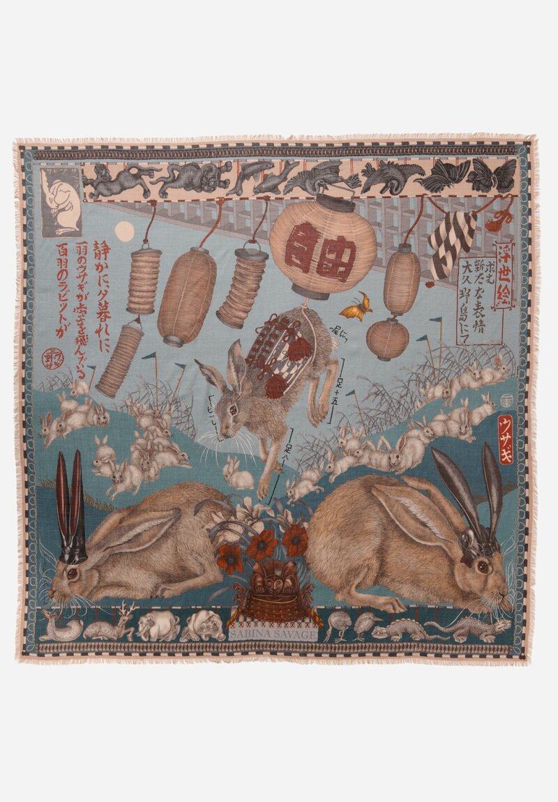 Sabina Savage Cashmere The Floating Rabbits Square Scarf in Cameo Rice	