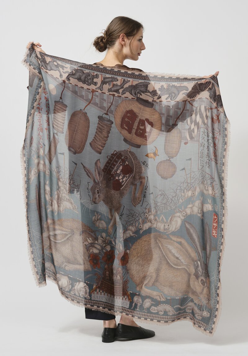 Sabina Savage Cashmere The Floating Rabbits Square Scarf in Cameo Rice	