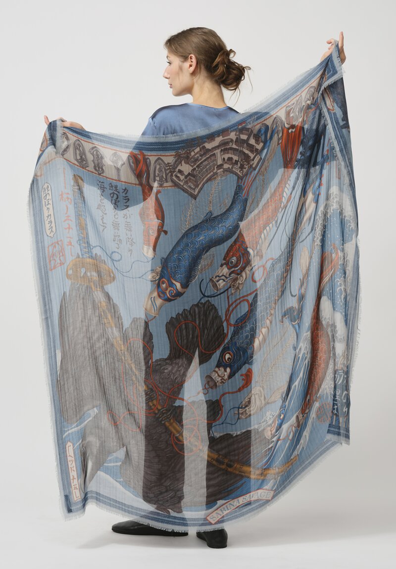 Sabina Savage Cashmere Koinobori Karasu Square Scarf in River Rain	