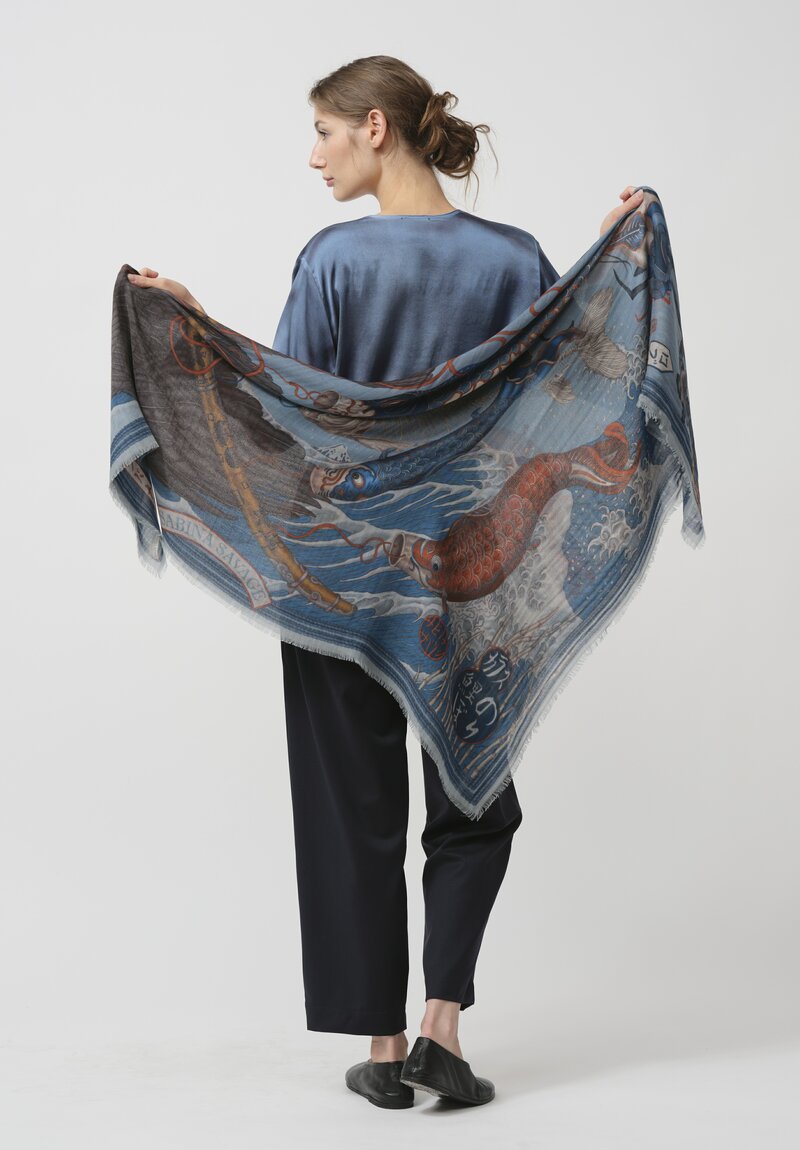 Sabina Savage Cashmere Koinobori Karasu Square Scarf in River Rain	