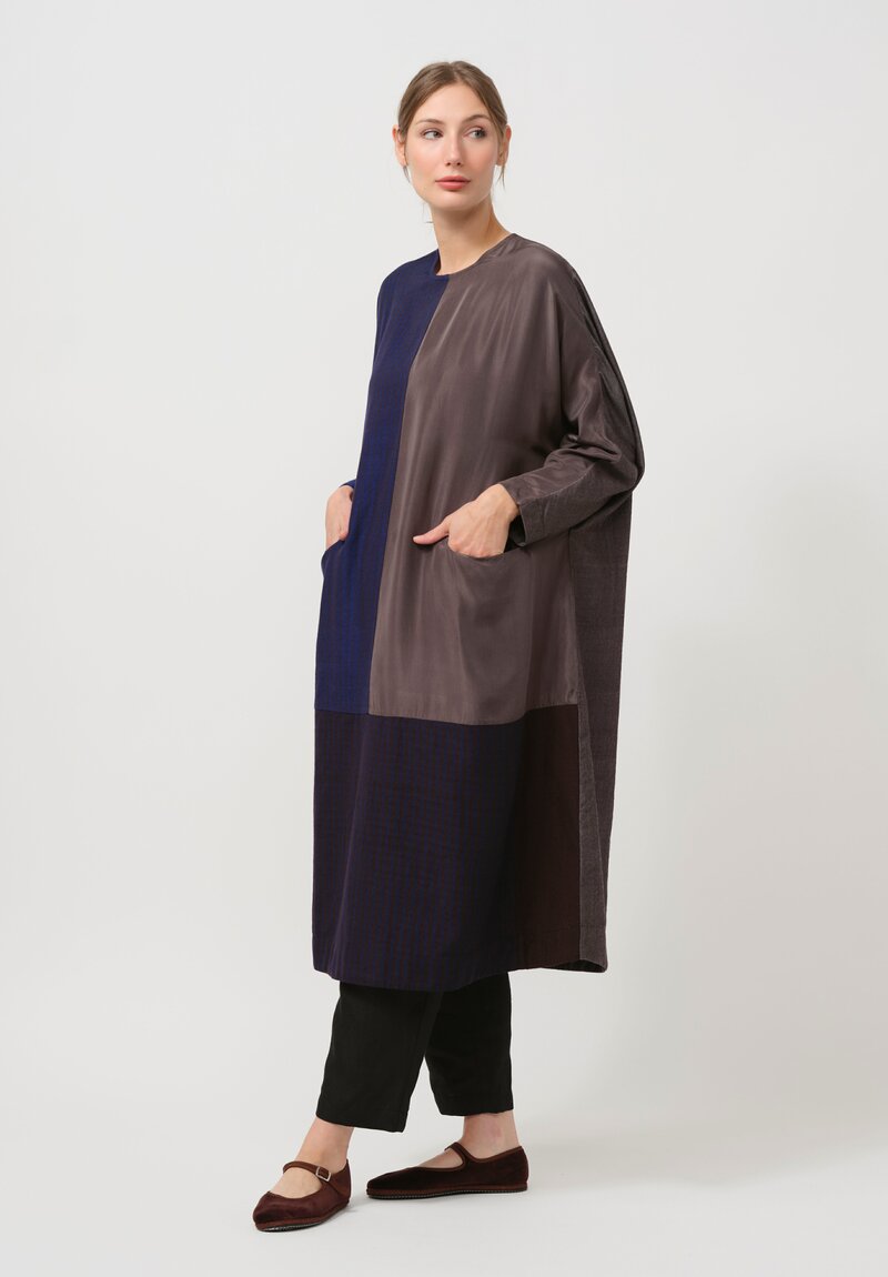 AODress Handloom Wool Patchwork Dress in Striped Lapis Brown	