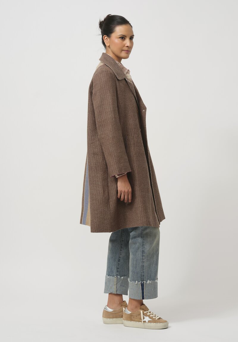 Pero Woven Wool Double Breasted Coat in Herringbone Natural & Pink	