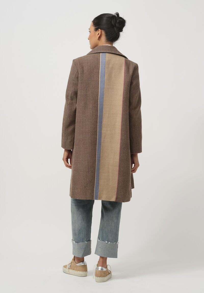 Pero Woven Wool Double Breasted Coat in Herringbone Natural & Pink	