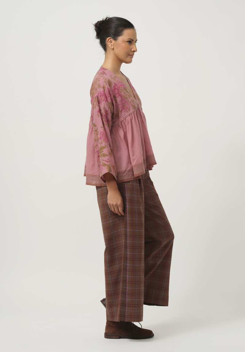 Pero Woven Wool V-Neck Gathered Shirt in Floral Pink	