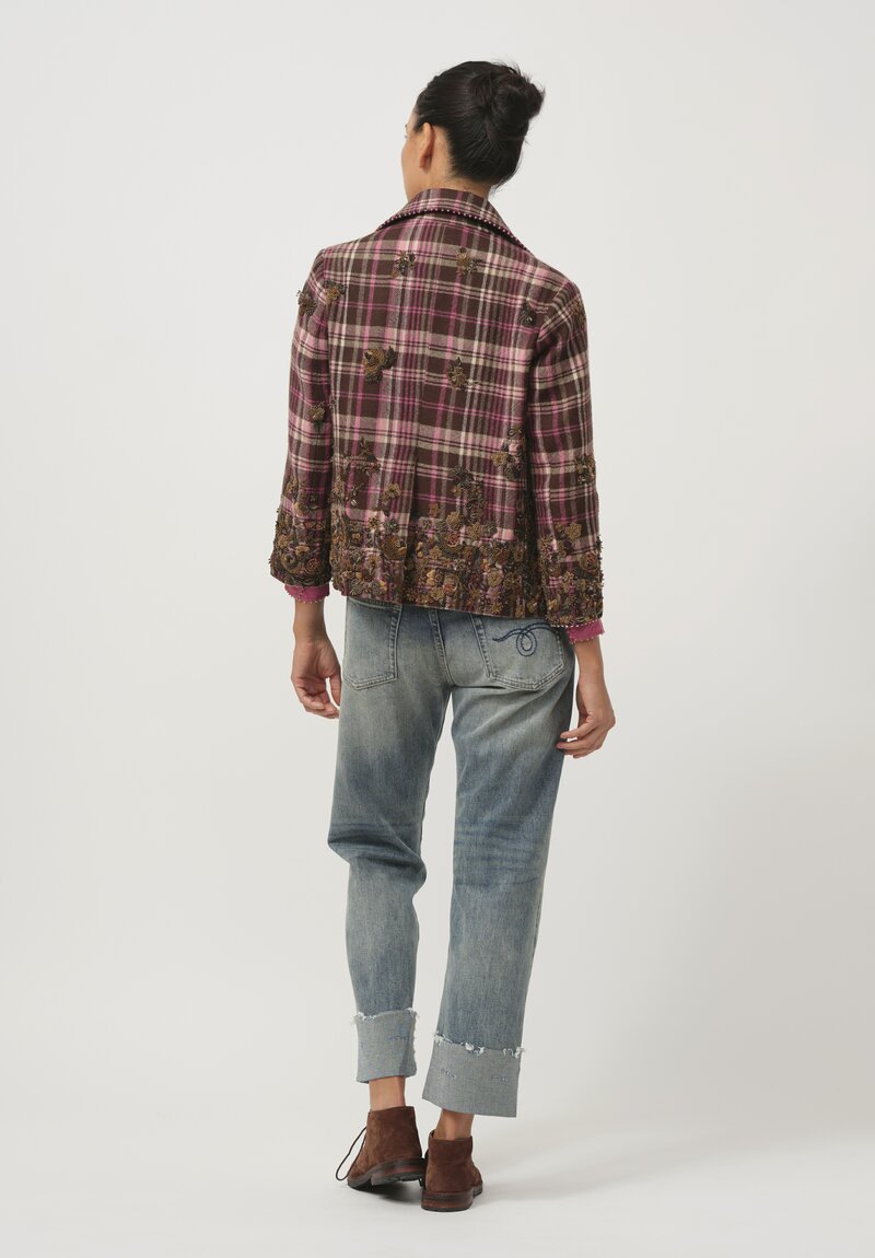 Pero Wool Embroidered Fall Flower Jacket with Couching in Pink Plaid