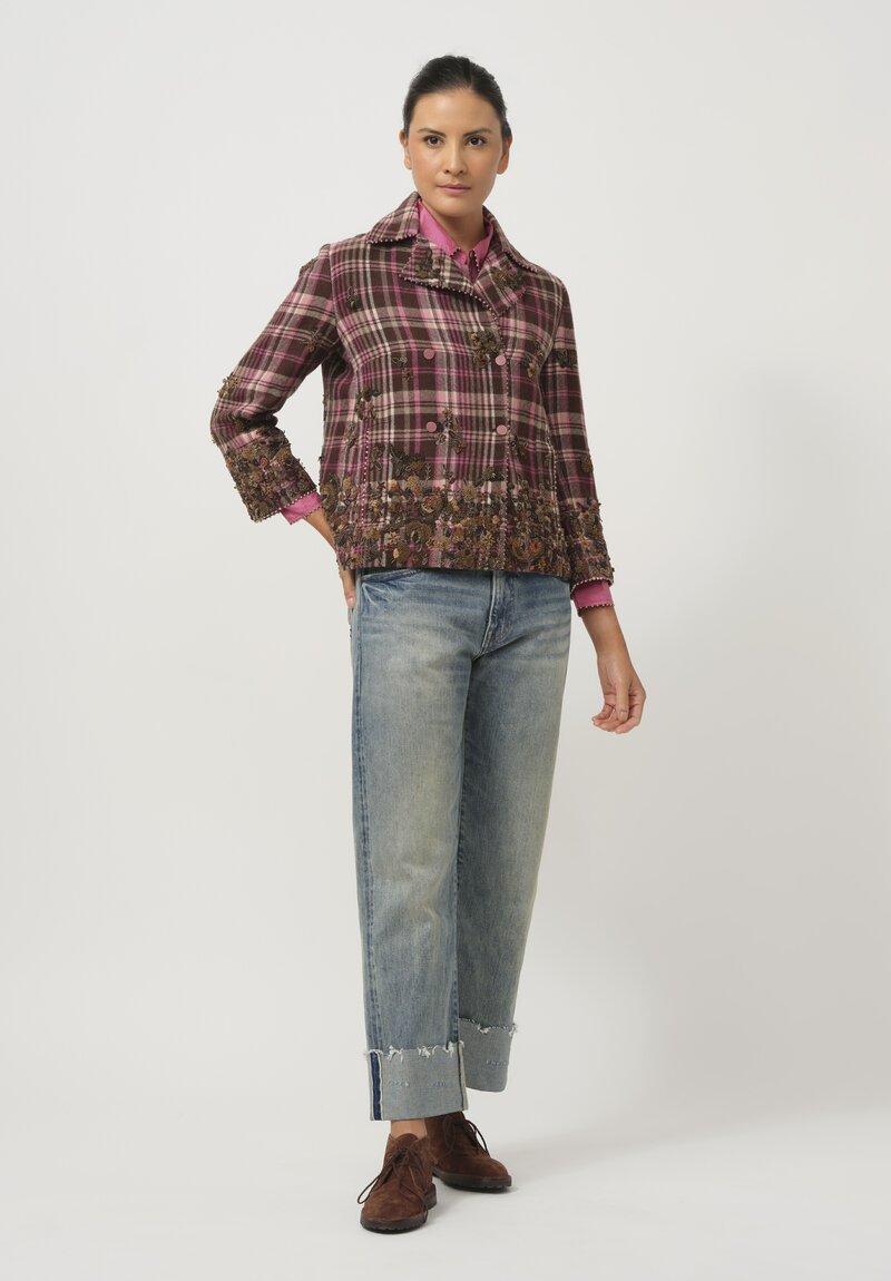 Pero Wool Embroidered Fall Flower Jacket with Couching in Pink Plaid