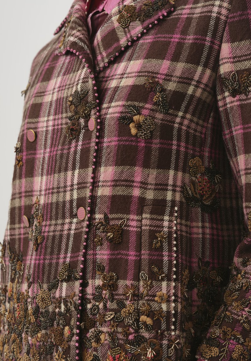 Pero Wool Embroidered Fall Flower Jacket with Couching in Pink Plaid