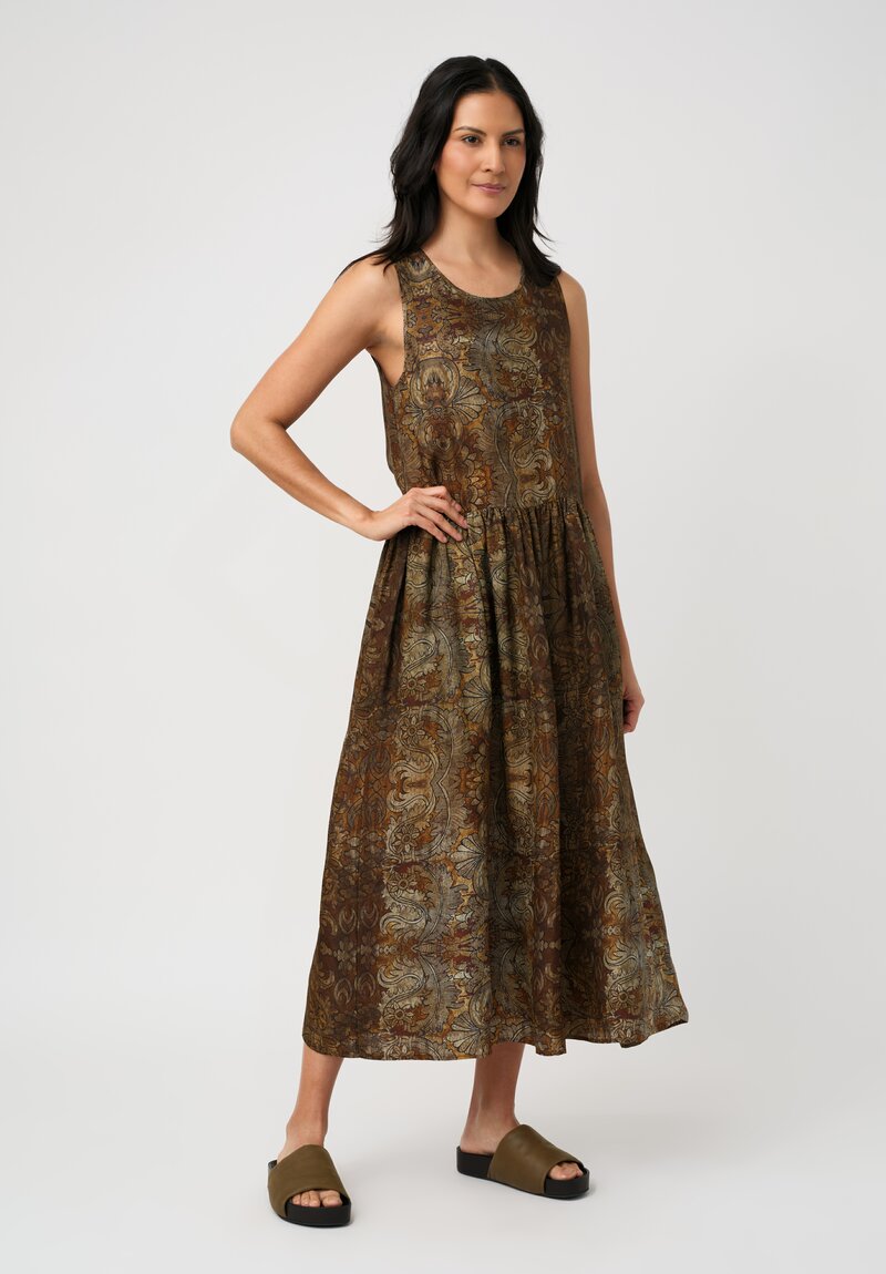 Uma Wang Sleeveless Ardal Dress in Mustard Brown Botanics