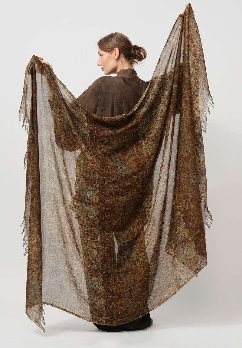 Uma Wang Fringed Cotton Printed Scarf in Mustard Brown & Black	