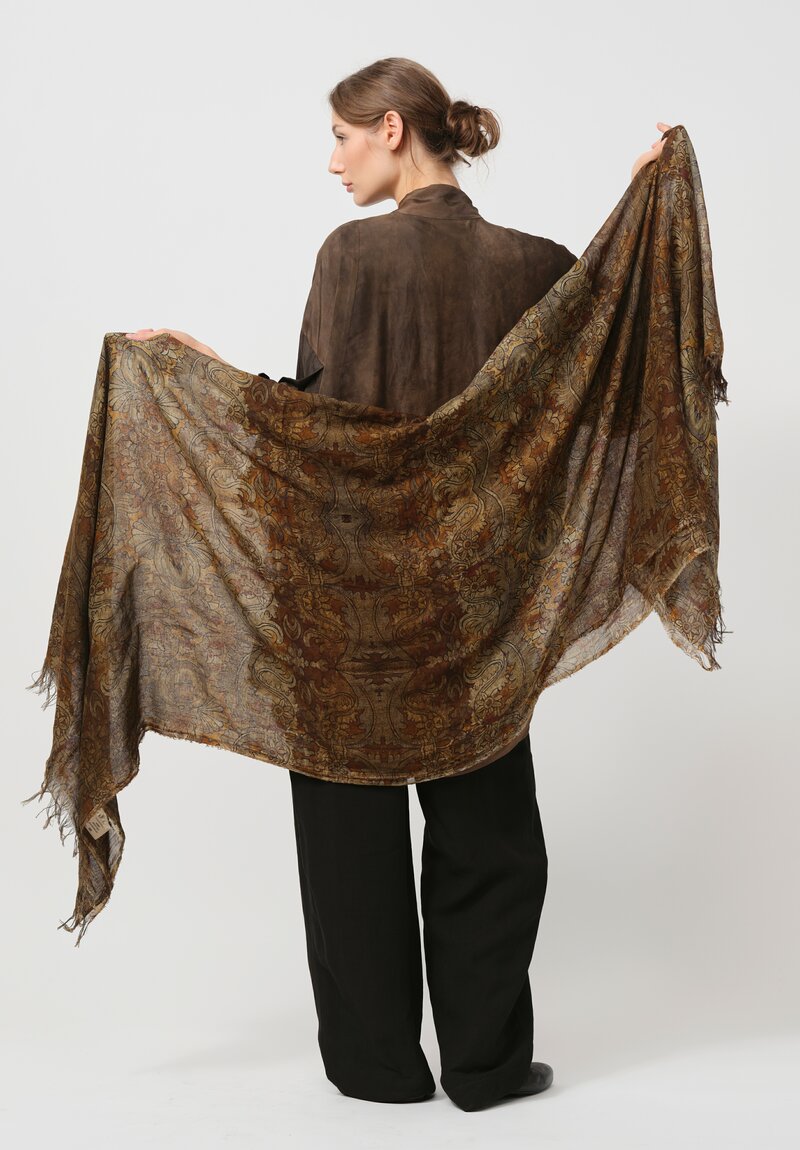 Uma Wang Fringed Cotton Printed Scarf in Mustard Brown & Black	