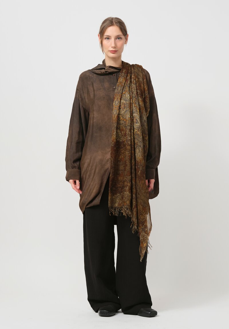 Uma Wang Fringed Cotton Printed Scarf in Mustard Brown & Black	