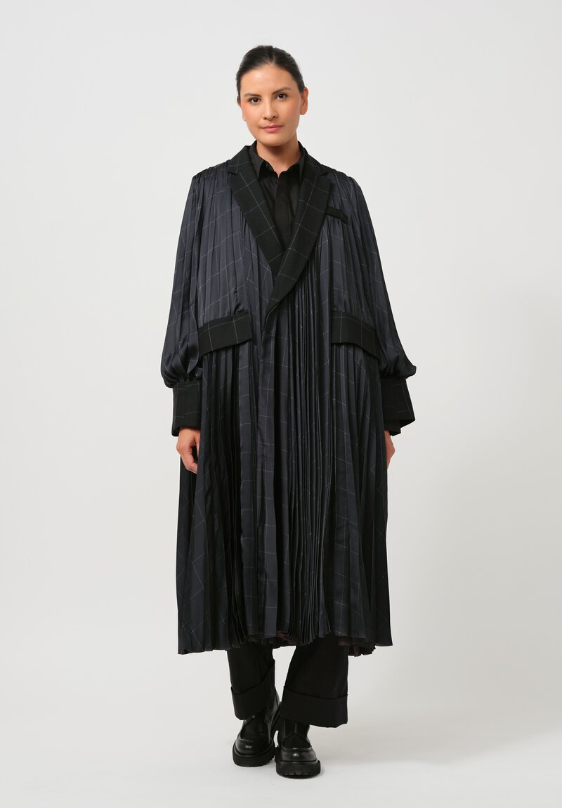 Sacai Windowpane Pleated Coat in Striped Black	