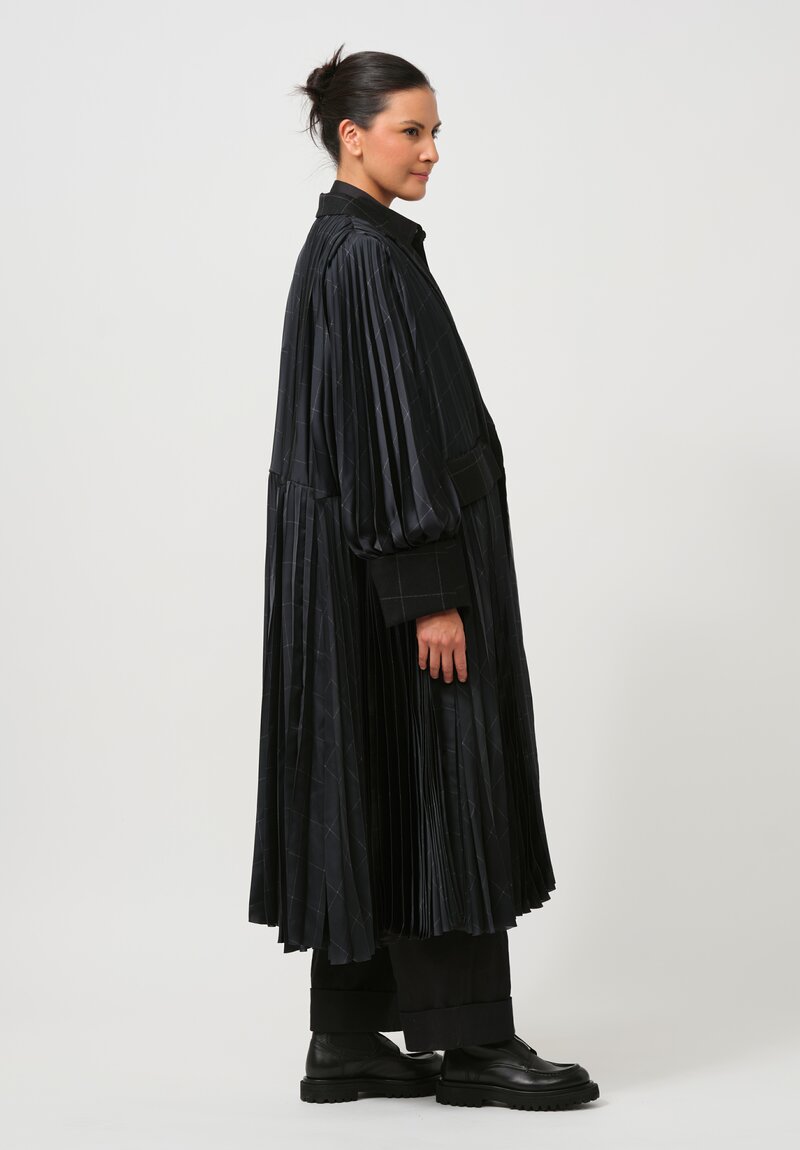 Sacai Windowpane Pleated Coat in Striped Black	