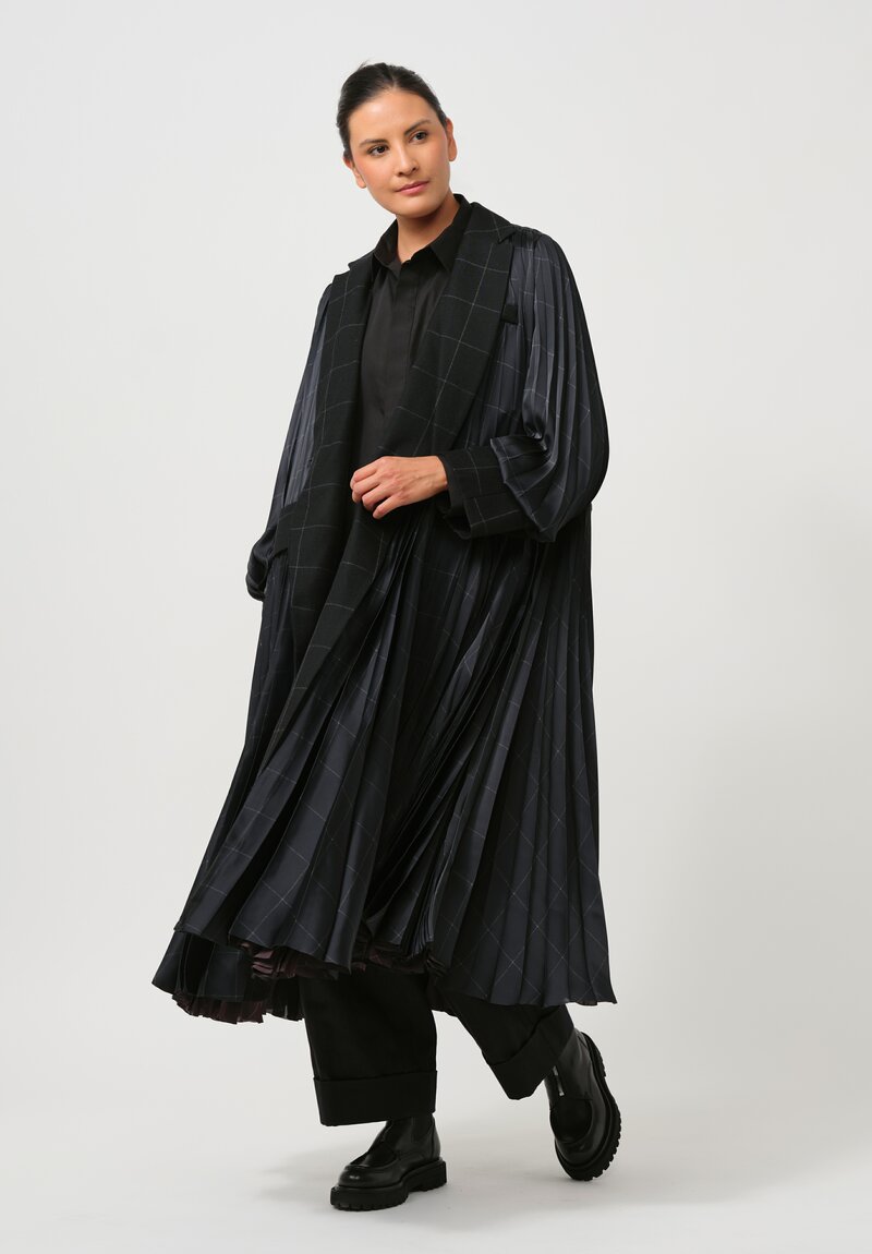 Sacai Windowpane Pleated Coat in Striped Black	