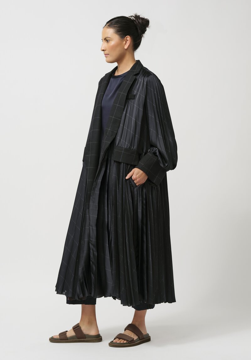 Sacai Windowpane Pleated Coat in Striped Black