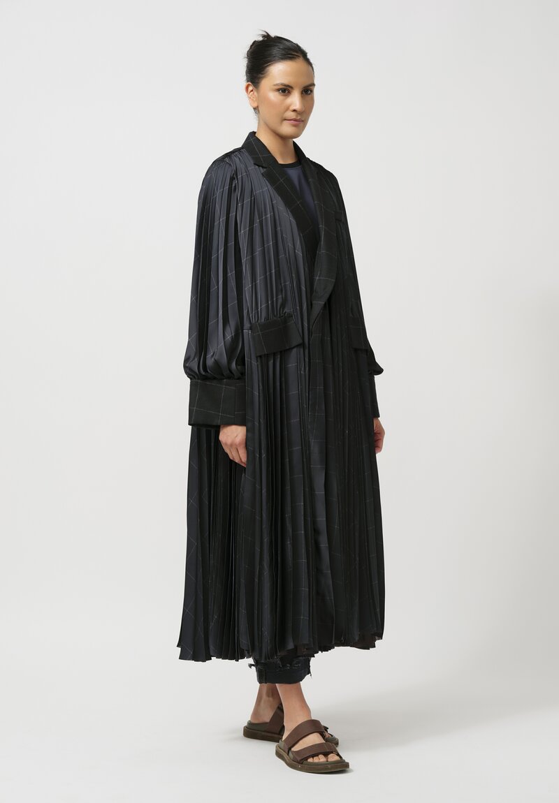 Sacai Windowpane Pleated Coat in Striped Black