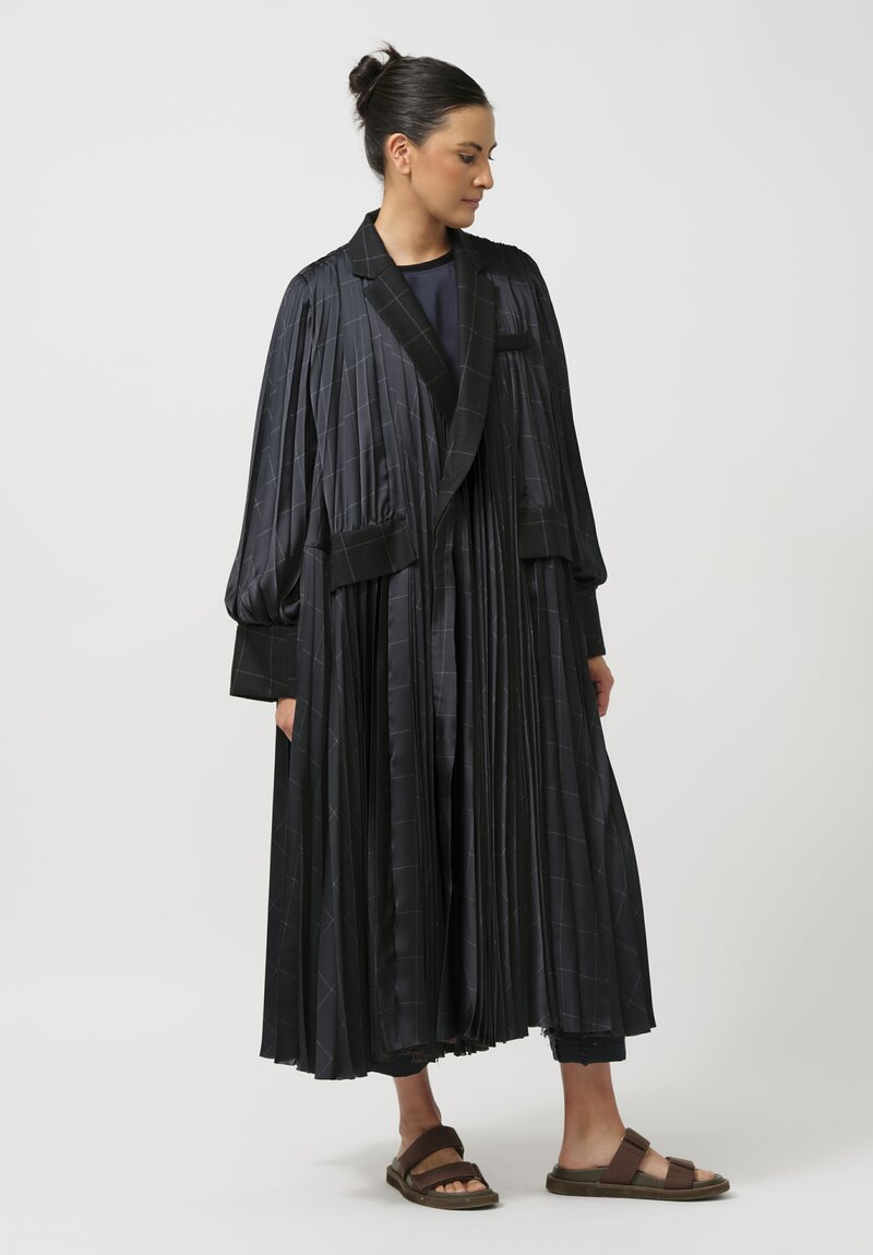 Sacai Windowpane Pleated Coat in Striped Black