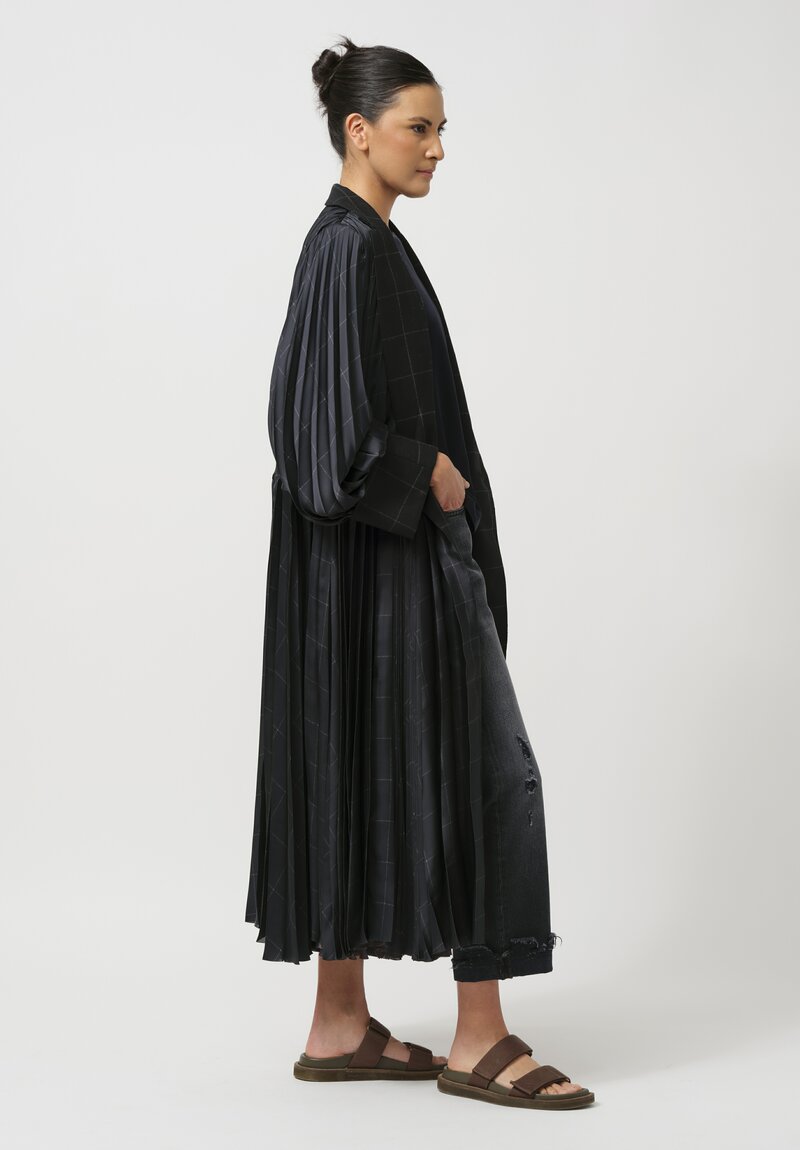 Sacai Windowpane Pleated Coat in Striped Black