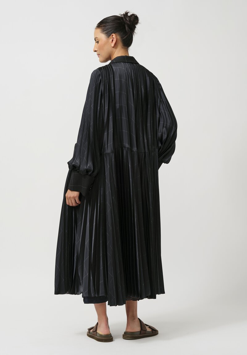 Sacai Windowpane Pleated Coat in Striped Black