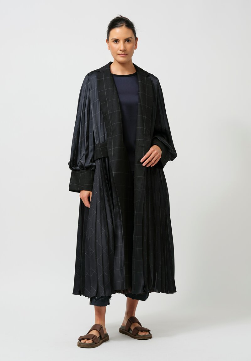 Sacai Windowpane Pleated Coat in Striped Black