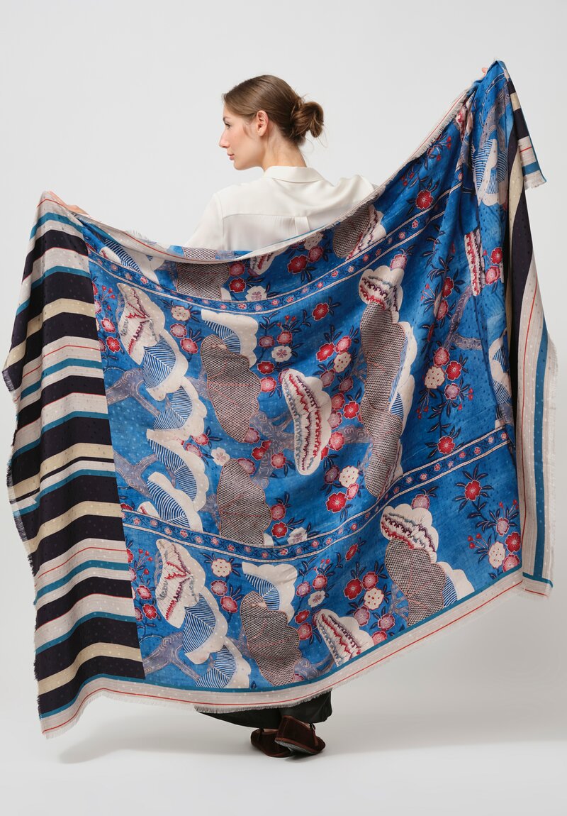 Pierre-Louis Mascia Silk Pallino Ultra Wash Scarf in Floral Red & Blue	