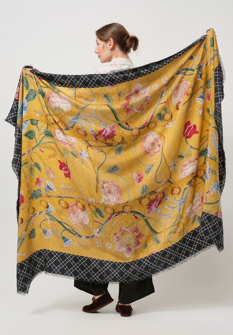 Pierre-Louis Mascia Silk Pallino Ultra Wash Scarf in Floral Yellow & Black	