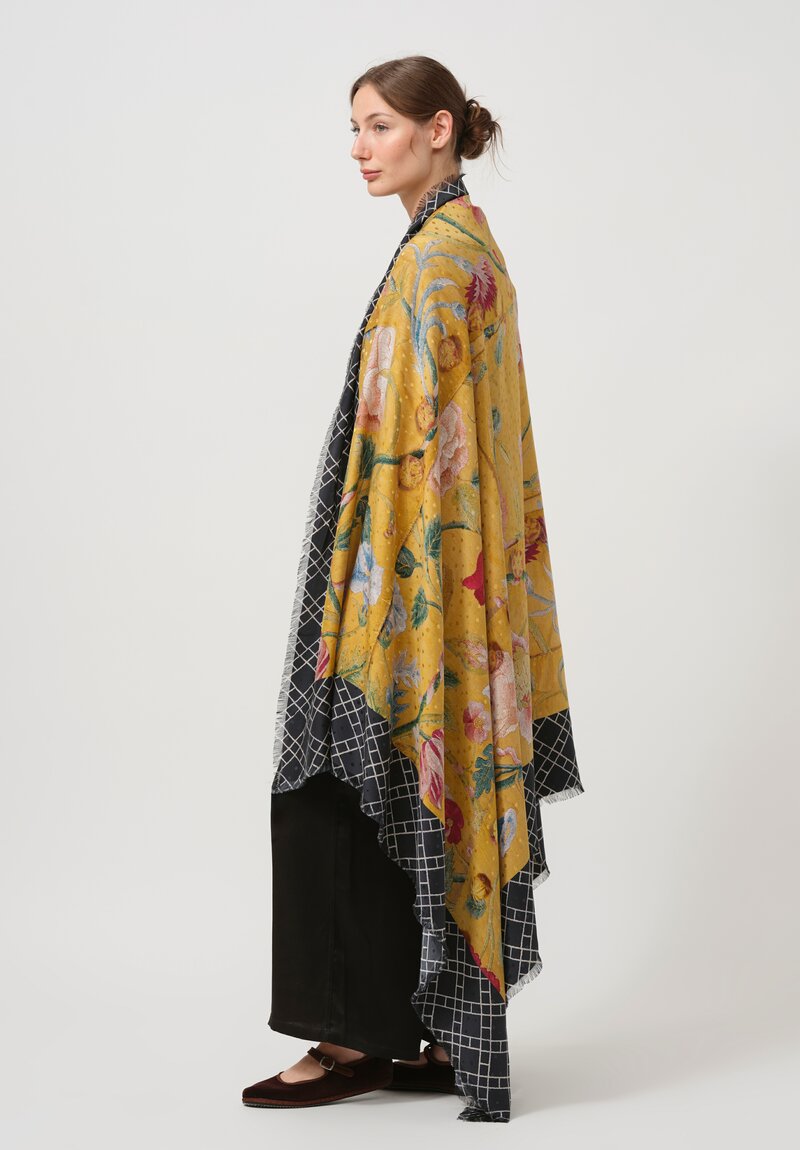 Pierre-Louis Mascia Silk Pallino Ultra Wash Scarf in Floral Yellow & Black	