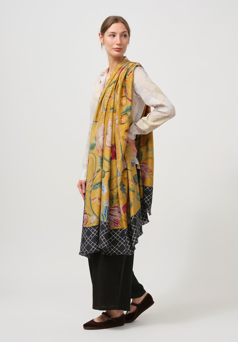 Pierre-Louis Mascia Silk Pallino Ultra Wash Scarf in Floral Yellow & Black	