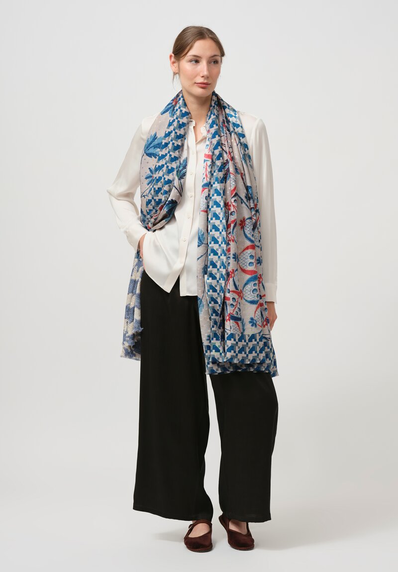 Pierre-Louis Mascia Silk Pallino Ultra Wash Scarf in Blue & Cream	