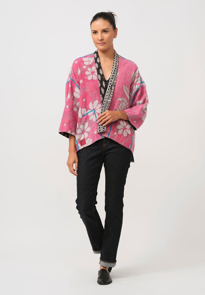 Mieko Mintz Vintage Cotton Mini Kimono Jacket in Black & Pink Daisy	