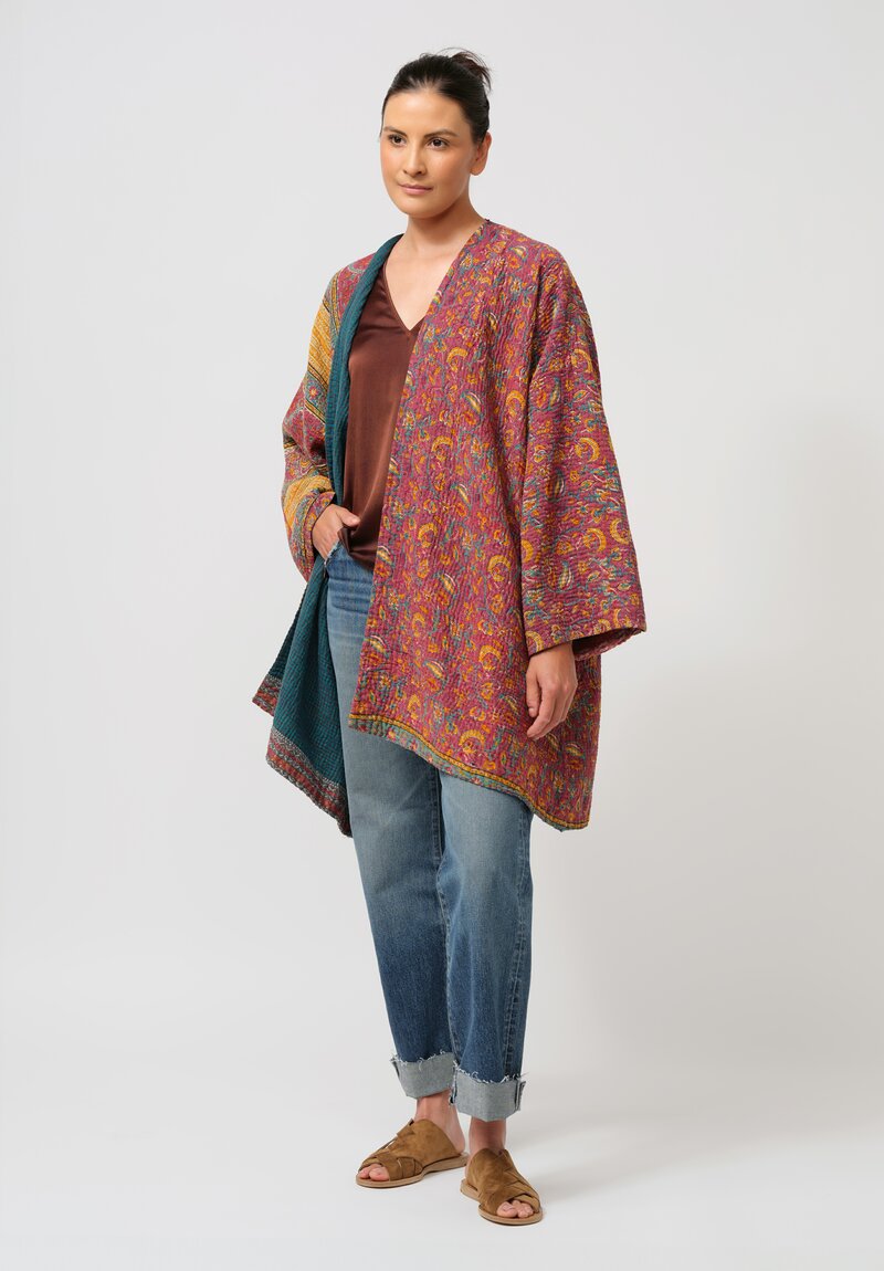 Mieko Mintz Vintage Cotton Kantha Coat in Red & Green Brocade