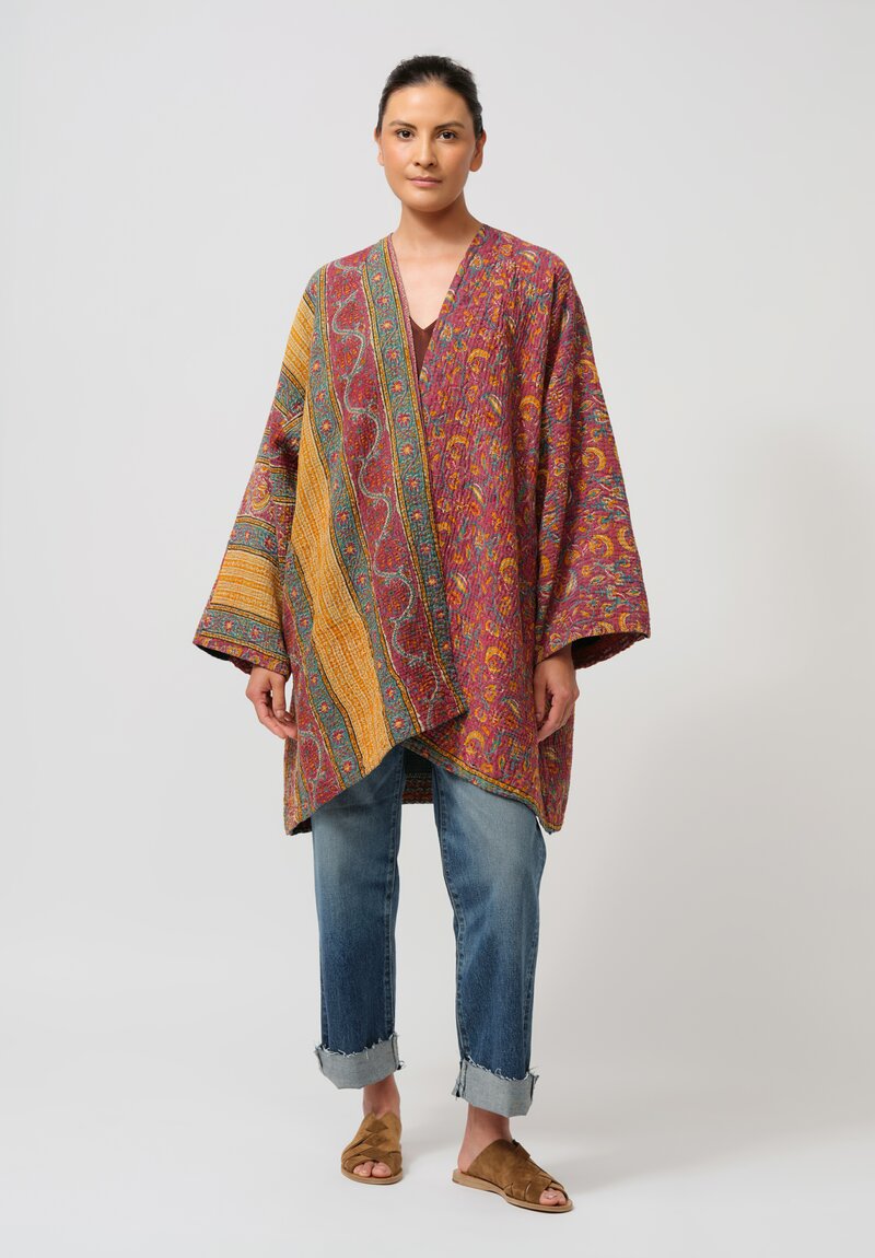 Mieko Mintz Vintage Cotton Kantha Coat in Red & Green Brocade