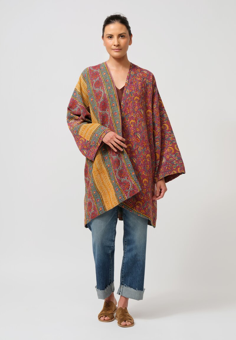 Mieko Mintz Vintage Cotton Kantha Coat in Red & Green Brocade