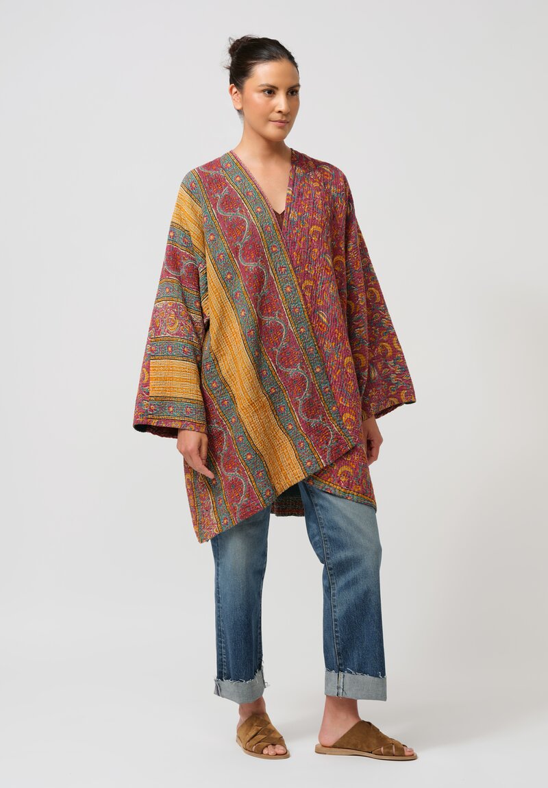 Mieko Mintz Vintage Cotton Kantha Coat in Red & Green Brocade