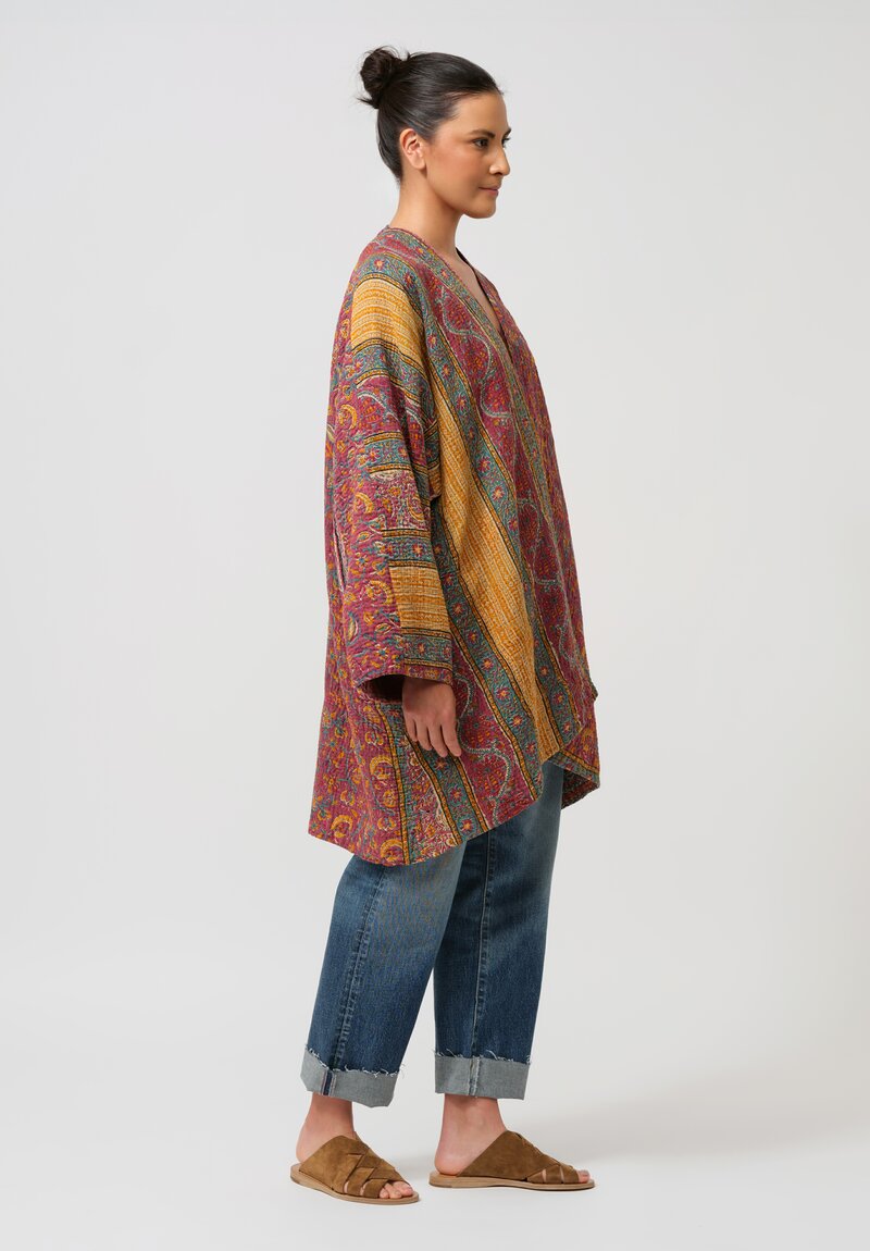 Mieko Mintz Vintage Cotton Kantha Coat in Red & Green Brocade