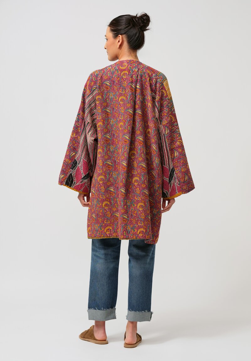 Mieko Mintz Vintage Cotton Kantha Coat in Red & Green Brocade