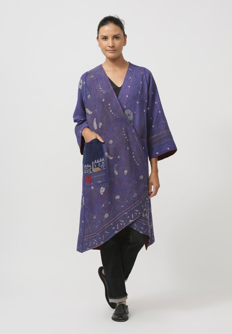 Mieko Mintz Overdyed Cotton Wrap Flare Coat in Orange & Blue Lotus	