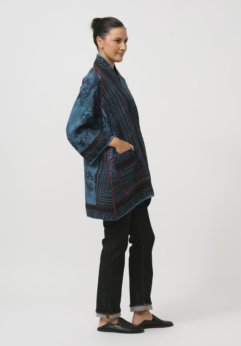 Mieko Mintz Cotton Paisley Patch A-Line Jacket in Black & Blue	