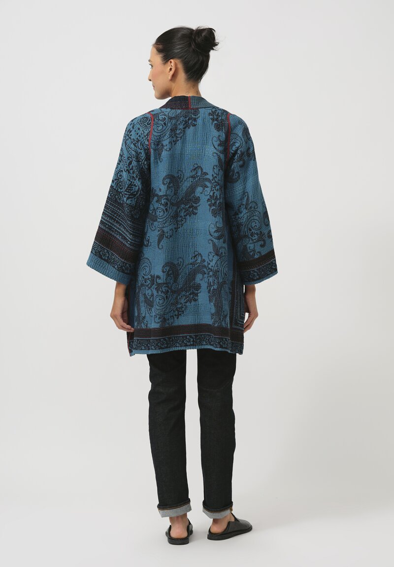 Mieko Mintz Cotton Paisley Patch A-Line Jacket in Black & Blue	