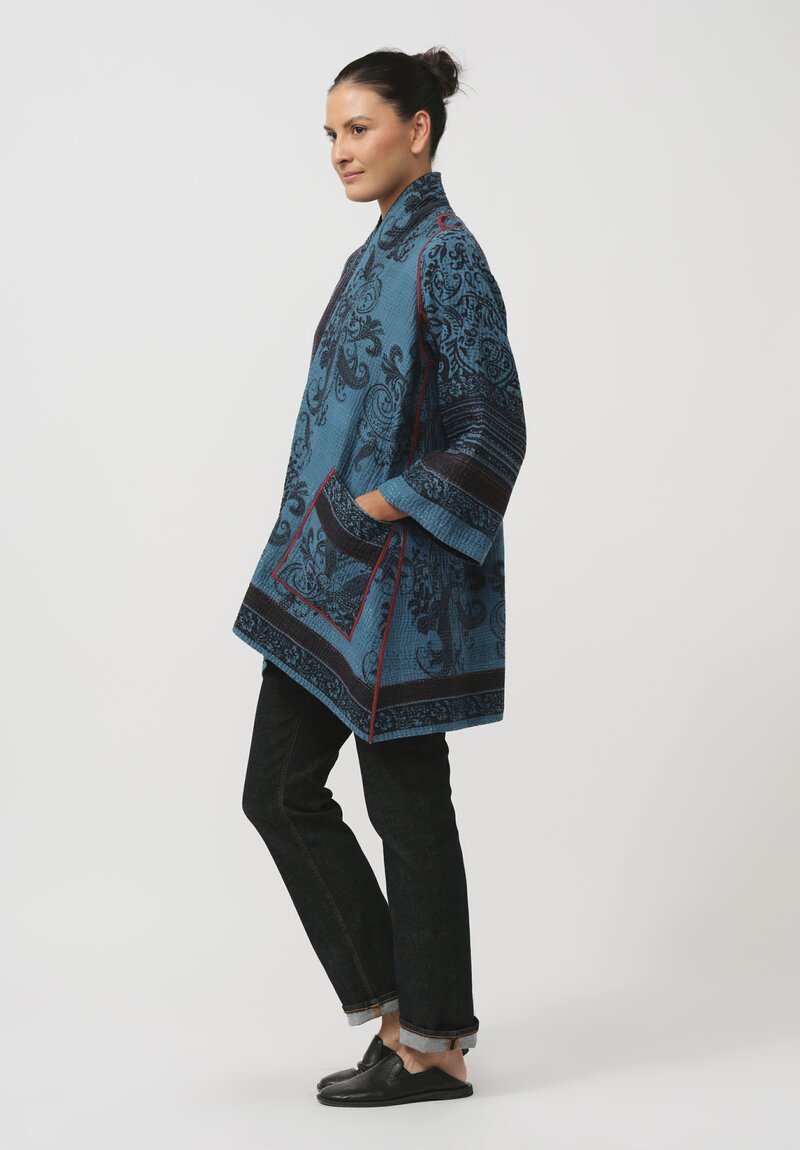 Mieko Mintz Cotton Paisley Patch A-Line Jacket in Black & Blue	