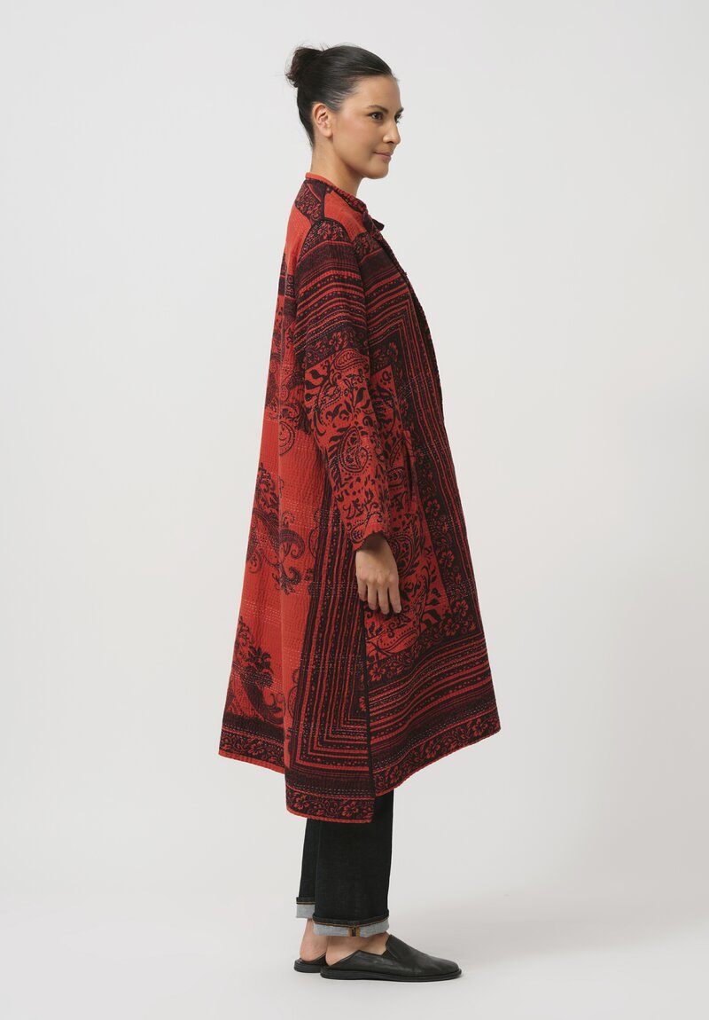 Mieko Mintz Cotton Paisley Patch Kaftan Coat in Red & Black	