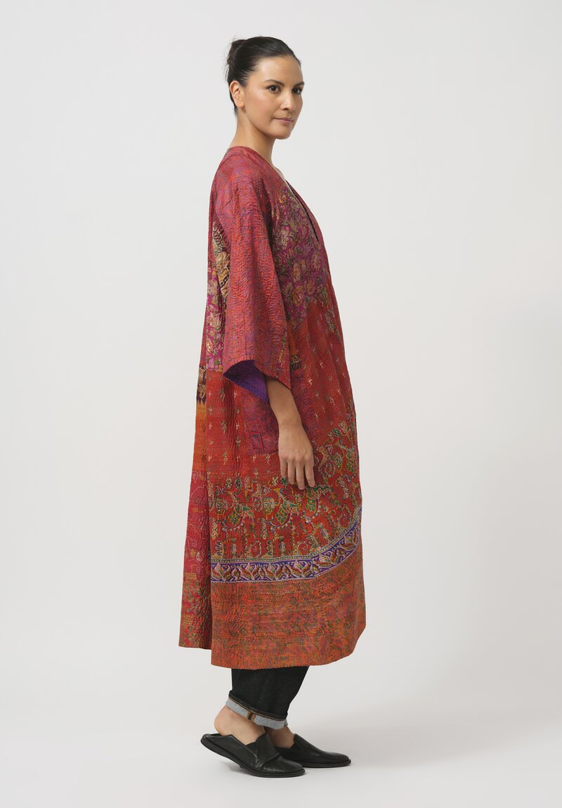 Mieko Mintz Vintage Silk Maxi Kimono Coat in Red Brocade	